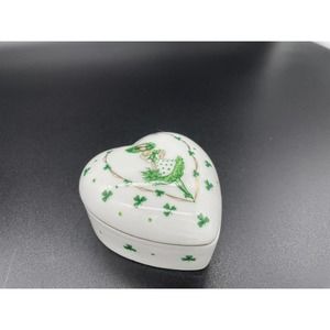 Lefton 1992 China Heart Trinket Box Green & White Girl w/Shamrocks Irish Lucky
